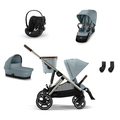 cybex GOLD Geschwisterset Gazelle S Taupe Sky Blue inkl. Kinderwagenaufsatz S Cot Sky Blue, Babyschale Cloud G i-Size Moon Black, S Sitzeinheit Sky Blue und S Adapter von cybex GOLD