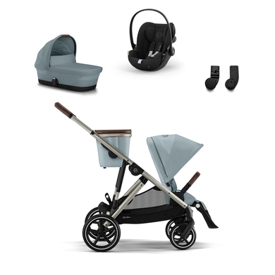 cybex GOLD Kinderwagen Gazelle S Taupe Sky Blue inkl. Kinderwagenaufsatz Gazelle S Cot Sky Blue, Babyschale Cloud G i-Size Moon Black und Gazelle S Adapter von cybex GOLD