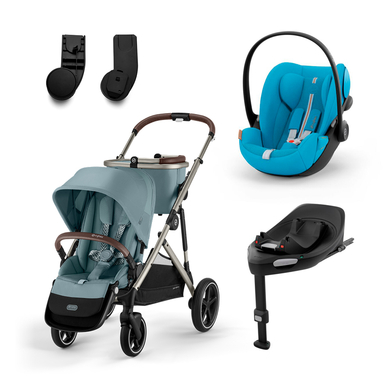 cybex GOLD Kinderwagen Gazelle S Taupe Sky Blue inklusive Babyschale Cloud G i-Size Plus Beach Blue Basisstation Base G und Adapter von cybex GOLD