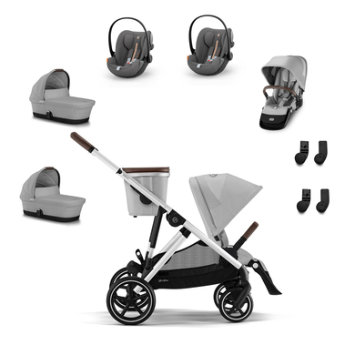 cybex GOLD Zwillingsset Gazelle S Silver Lava Grey inkl. Kinderwagenaufsatz S Cot Lava Grey, S Sitzeinheit Silver Lava Grey, Babyschale Cloud G i-Size Plus Lava Grey Plus und S Adapter von cybex GOLD