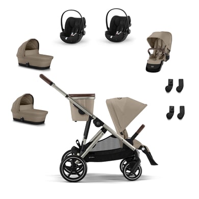 cybex GOLD Zwillingsset Gazelle S Taupe Almond Beige inklusive Kinderwagenaufsatz S Cot Almond Beige, Sitzeinheit, Babyschale Cloud G i-Size Moon Black und Adapter von cybex GOLD