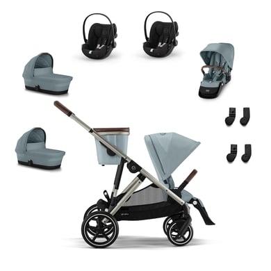 cybex GOLD Zwillingsset Gazelle S Taupe Sky Blue inkl. Kinderwagenaufsatz S Cot Moon Black, S Sitzeinheit Moon Black, Babyschale Cloud G i-Size Plus Moon Black Plus und S Adapter von cybex GOLD