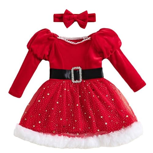 dPois Baby Kleinkind Mädchen Weihnachtsoutfit Samt Kleid Prinzessin Weihnachtskleid mit Haarschmuck Weihnachtsmann Cosplay Outfit F Rot 98-104 von dPois