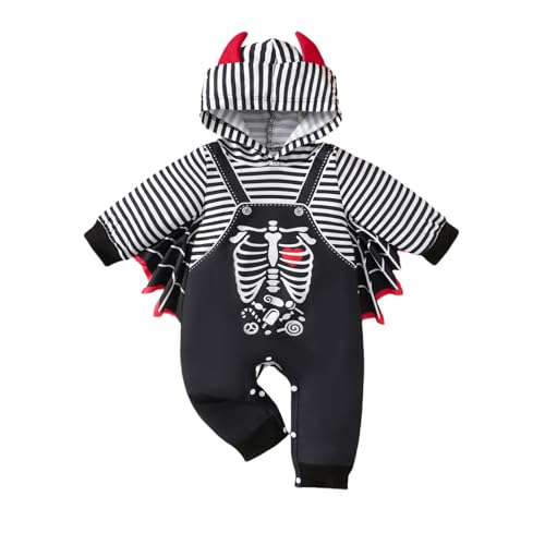 dPois Baby Strampler Mädchen Jungen Halloween Kostüm Spielanzug Einteiler Jumpsuit Body mit Kapuze Skelett Druck Mottoparty Karneval Kostüm Schwarz_Gestreift 50-62 von dPois