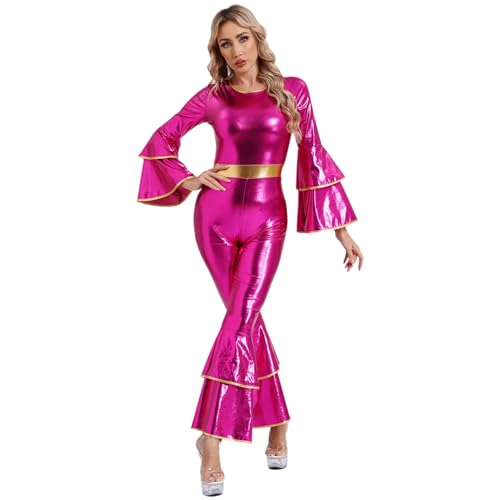 dPois Damen 70er Disco Outfit Jumpsuit Metallic Overall Schlager Tanz Hippie Kostüm Mottoparty Fasching Karneval Kostüm Hot Pink XL von dPois