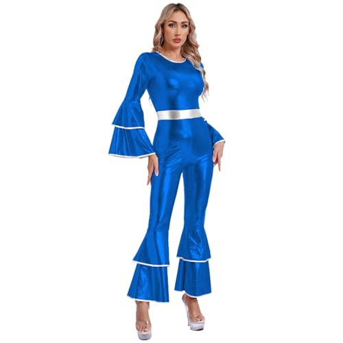 dPois Damen 70er Disco Outfit Jumpsuit Metallic Overall Schlager Tanz Hippie Kostüm Mottoparty Fasching Karneval Kostüm Königsblau S von dPois