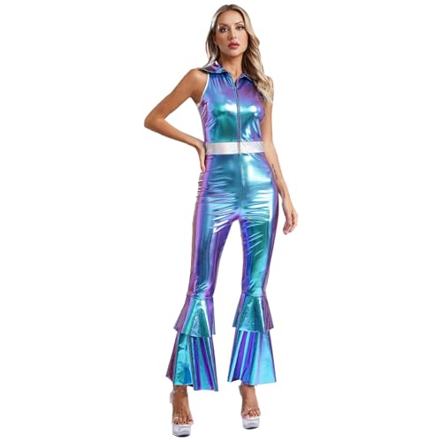 dPois Damen 70er Disco Outfit Metallic Tanz Kostüm Jumpsuit Ärmellos Overall mit Schlaghose Mottoparty Karneval Fasching Kostüm Blau 3XL von dPois