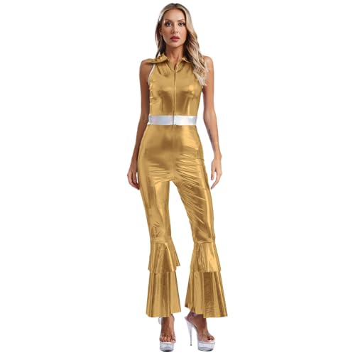 dPois Damen 70er Disco Outfit Metallic Tanz Kostüm Jumpsuit Ärmellos Overall mit Schlaghose Mottoparty Karneval Fasching Kostüm Gold 3XL von dPois