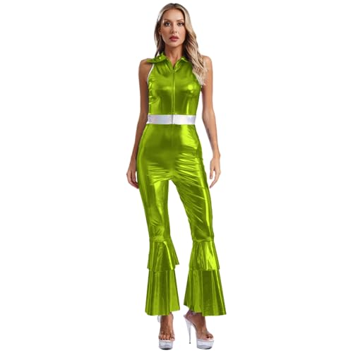 dPois Damen 70er Disco Outfit Metallic Tanz Kostüm Jumpsuit Ärmellos Overall mit Schlaghose Mottoparty Karneval Fasching Kostüm Grün L von dPois