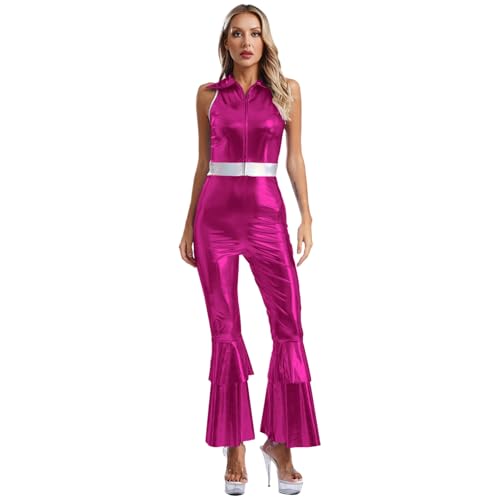 dPois Damen 70er Disco Outfit Metallic Tanz Kostüm Jumpsuit Ärmellos Overall mit Schlaghose Mottoparty Karneval Fasching Kostüm Hot Pink M von dPois