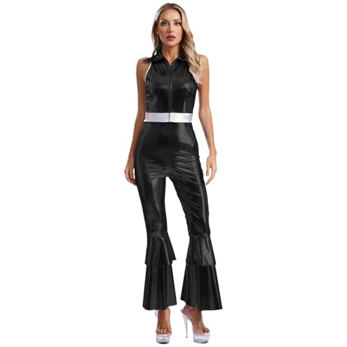 dPois Damen 70er Disco Outfit Metallic Tanz Kostüm Jumpsuit Ärmellos Overall mit Schlaghose Mottoparty Karneval Fasching Kostüm Schwarz 3XL von dPois