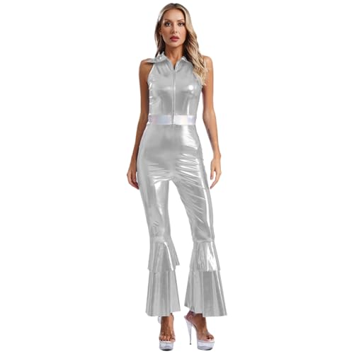 dPois Damen 70er Disco Outfit Metallic Tanz Kostüm Jumpsuit Ärmellos Overall mit Schlaghose Mottoparty Karneval Fasching Kostüm Silber S von dPois