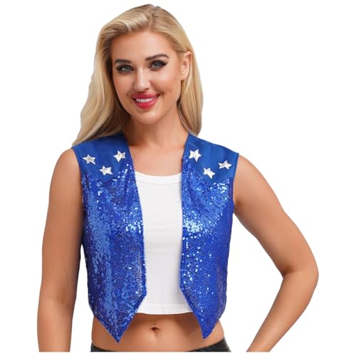 dPois Damen Cowboy Weste Pailletten Anzugweste Ärmellos Glitzer Western Jacke mit Wildleder Fasching Karneval Kostüm Blau L von dPois