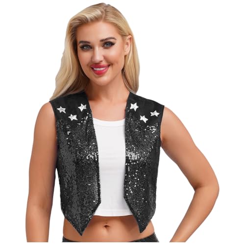 dPois Damen Cowboy Weste Pailletten Anzugweste Ärmellos Glitzer Western Jacke mit Wildleder Fasching Karneval Kostüm Schwarz M von dPois