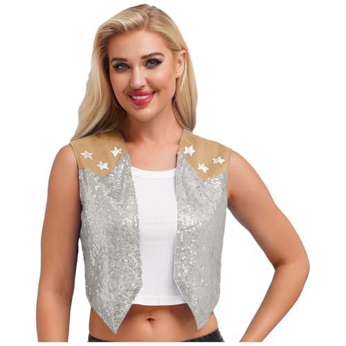 dPois Damen Cowboy Weste Pailletten Anzugweste Ärmellos Glitzer Western Jacke mit Wildleder Fasching Karneval Kostüm Silber 3XL von dPois