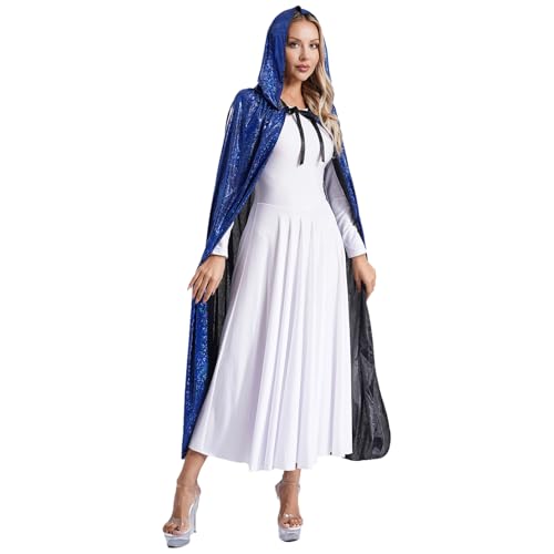 dPois Damen Glänzend Umhang mit Kapuze Lange Cape Mantel Robe Halloween Steampunk Gothic Kostüm Mittelalter Kleidung Blau L von dPois