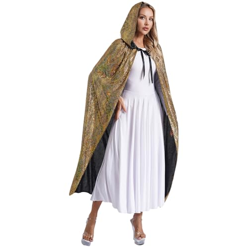 dPois Damen Glänzend Umhang mit Kapuze Lange Cape Mantel Robe Halloween Steampunk Gothic Kostüm Mittelalter Kleidung Gold L von dPois