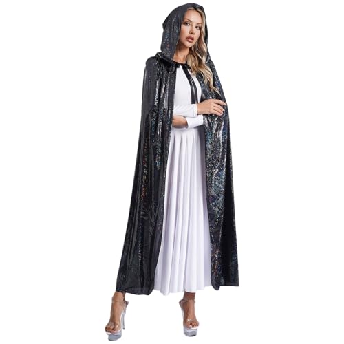 dPois Damen Glänzend Umhang mit Kapuze Lange Cape Mantel Robe Halloween Steampunk Gothic Kostüm Mittelalter Kleidung Schwarz L von dPois