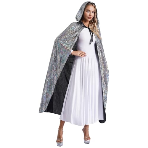 dPois Damen Glänzend Umhang mit Kapuze Lange Cape Mantel Robe Halloween Steampunk Gothic Kostüm Mittelalter Kleidung Silber L von dPois