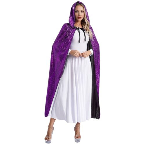 dPois Damen Glänzend Umhang mit Kapuze Lange Cape Mantel Robe Halloween Steampunk Gothic Kostüm Mittelalter Kleidung Violett L von dPois