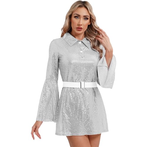 dPois Damen Glitzer Kleid Kurz Langarm Partykleid mit Gürtel Vintage Tanzkleid 70er 80er Disco Outfit Mottoparty Kostüm Silber 3XL von dPois