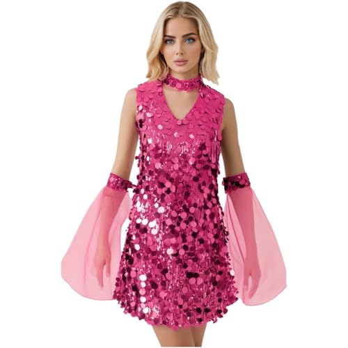 dPois Damen Glitzer Kleider A-Linien Kleid Pailletten Partykleid Tanzkleid mit Ausgestellter Ärmelstulpen Vintage Disco Kostüm Hot Pink L von dPois