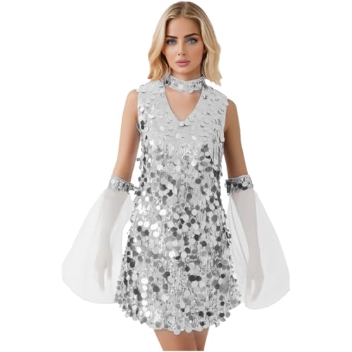 dPois Damen Glitzer Kleider A-Linien Kleid Pailletten Partykleid Tanzkleid mit Ausgestellter Ärmelstulpen Vintage Disco Kostüm Silber L von dPois