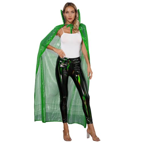 dPois Damen Glitzer Umhang Lange Cape Pailletten Mantel mit Stehkragen Erwachsene Halloween Festival Karneval Kostüm Grün Einheitsgröße von dPois
