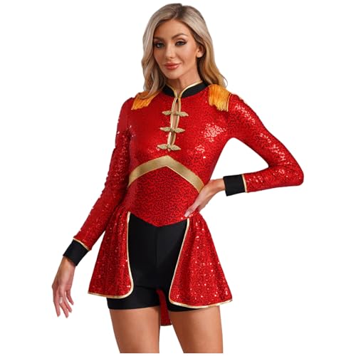 dPois Damen Glitzer Zirkus Kostüm Zirkusdirektor Ringmaster Rollenspiel Kostüm Langarm Trikot Kleider Hallooween Fasching Karneval Rot 3XL von dPois