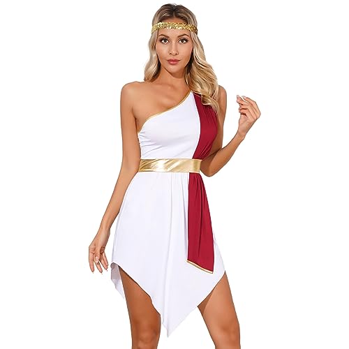 dPois Damen Griechische Göttin Kostüm Antike Römische Cosplay Outfit Sexy Toga Kleid mit Stirnband Erwachsene Halloween Fasching Kostüm Burgundy M von dPois