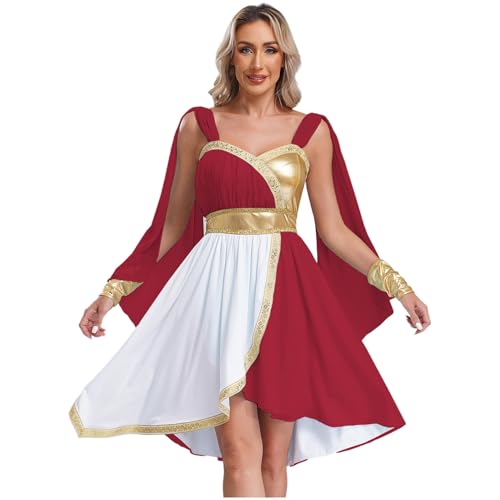 dPois Damen Griechische Göttin Kostüm Cleopatra Göttin Toga Kleid mit Armstulpen Halloween Karneval Mottoparty Kostüm Burgundy L von dPois