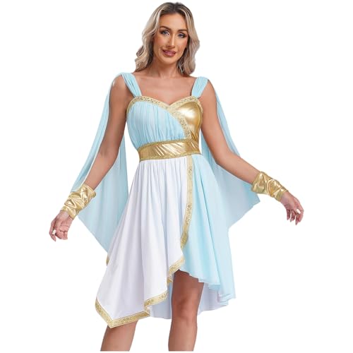 dPois Damen Griechische Göttin Kostüm Cleopatra Göttin Toga Kleid mit Armstulpen Halloween Karneval Mottoparty Kostüm Hellblau M von dPois