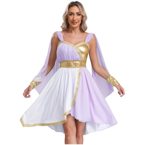 dPois Damen Griechische Göttin Kostüm Cleopatra Göttin Toga Kleid mit Armstulpen Halloween Karneval Mottoparty Kostüm Lavendel S von dPois