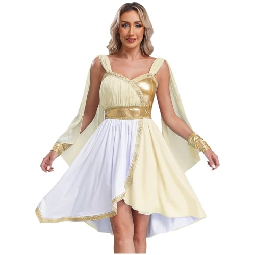 dPois Damen Griechische Göttin Kostüm Cleopatra Göttin Toga Kleid mit Armstulpen Halloween Karneval Mottoparty Kostüm Sekt L von dPois