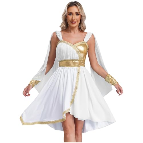 dPois Damen Griechische Göttin Kostüm Cleopatra Göttin Toga Kleid mit Armstulpen Halloween Karneval Mottoparty Kostüm Weiß L von dPois