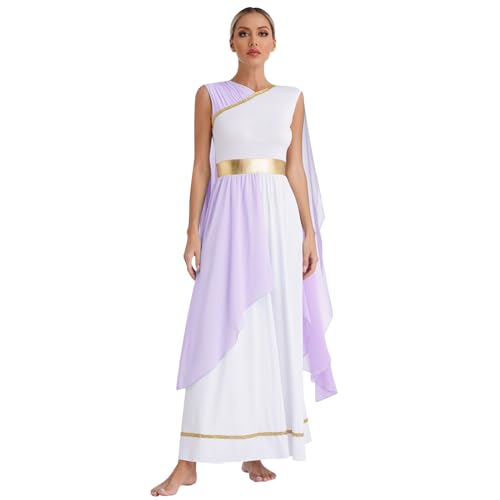 dPois Damen Griechische Göttin Kostüm Karneval Cleopatra Kostüm Toga Kleid Maxi Lang Fasching Mottoparty Outfit Lavendel L von dPois