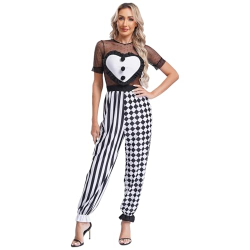 dPois Damen Harlekin Kostüm Gruseliges Clown Rollenspiel Fasching Karneval Kostüm Kurzarm Overall Mottoparty Pantomime Kostüm Schwarz S von dPois