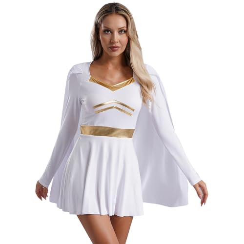 dPois Damen Kleopatra Kostüm Kleid Römer Griechische Göttin Kostüm Langarm Minikleid mit Umhang Halloween Mottoparty Kostüm Weiß M von dPois