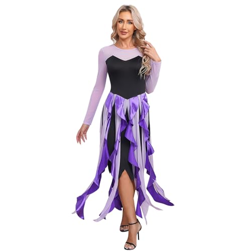 dPois Damen Meerhexe Kostüm Hexen Zauberin Rollenspiel Langarm Partykleid Maxikleid mit Rüschen Halloween Böse Meerjungfrau Kostüm Violett 3XL von dPois