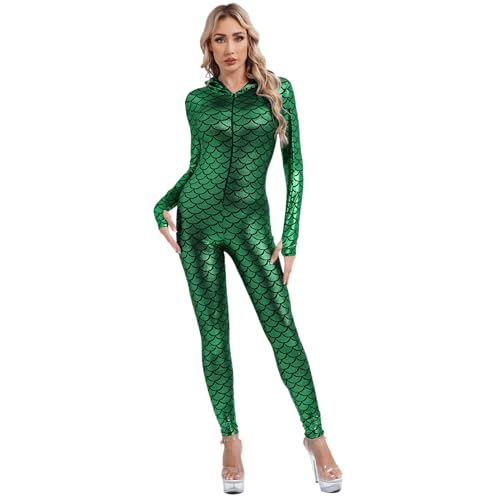 dPois Damen Meerjungfrau Kostüm Halloween Fasching Kostüm Glänzend Overall Einteiler Jumpsuit Ganzanzug mit Kapuze Slm Fit Dunkelgrün L von dPois