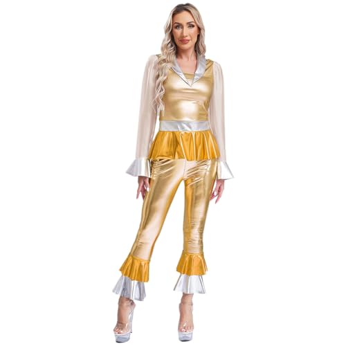 dPois Damen Metallic Disco Outfit Vintage Rave Party Tanz Kostüm Langarm Oberteil mit Schlaghose Fasching Karneval Silvester Kostüm Gold M von dPois