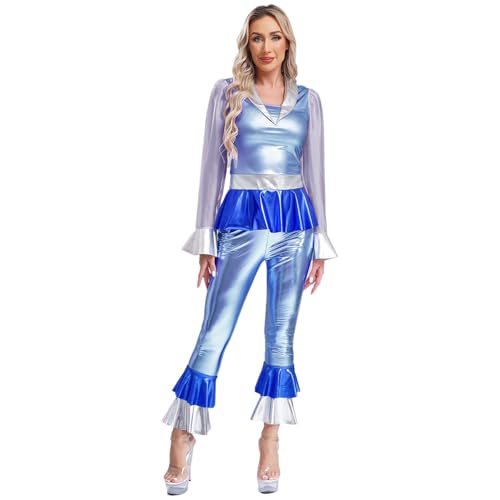 dPois Damen Metallic Disco Outfit Vintage Rave Party Tanz Kostüm Langarm Oberteil mit Schlaghose Fasching Karneval Silvester Kostüm Hellblau S von dPois