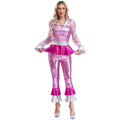 dPois Damen Metallic Disco Outfit Vintage Rave Party Tanz Kostüm Langarm Oberteil mit Schlaghose Fasching Karneval Silvester Kostüm Rosa XXL von dPois