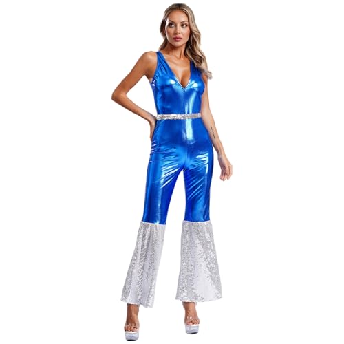 dPois Damen Metallic Jumpsuit Ärmellos Overall Bodysuit Boot Cut Bottom mit V-Ausschnitt Vintage Hippe Disco Kostüm Mottoparty Karneval Kostüm Blau 3XL von dPois