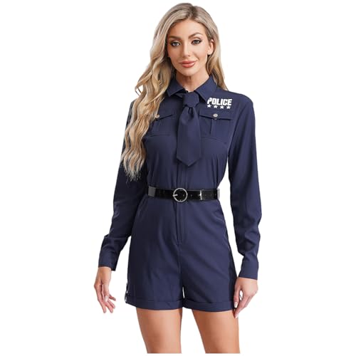 dPois Damen Polizei Polizstin Kostüm Langarm Overall Kurz Jumpsuit Shorty Hosenanzug mit Gürtel Krawatte Uniform Rollenspiel Kostüm Karneval Marineblau L von dPois