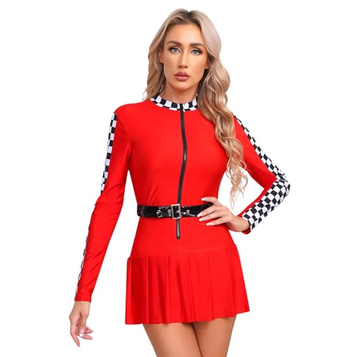 dPois Damen Rennfahrerin Boxen"lu"der Cosplay Kostüm Langarm Kleider Minikleid Faltenkleid mit Gürtel Halloween Fasching Racing Girl Kostüm A Rot 3XL von dPois