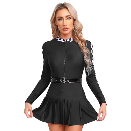 dPois Damen Rennfahrerin Boxen"lu"der Cosplay Kostüm Langarm Kleider Minikleid Faltenkleid mit Gürtel Halloween Fasching Racing Girl Kostüm A Schwarz M von dPois