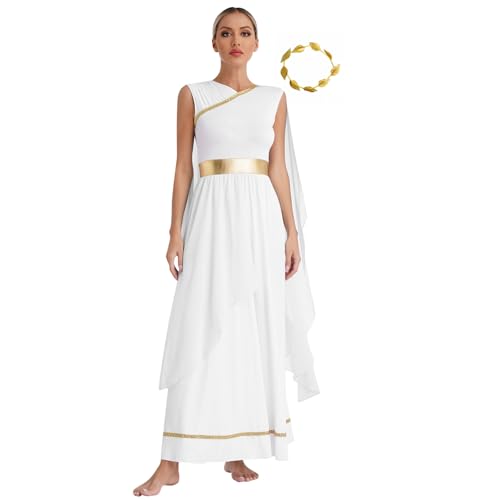 dPois Damen Römische Göttin Kaiserin Kostüm Lange Kleider Gewand Toga Kleid mit Strinband Fasching Karneval Kostüm Weiß L von dPois