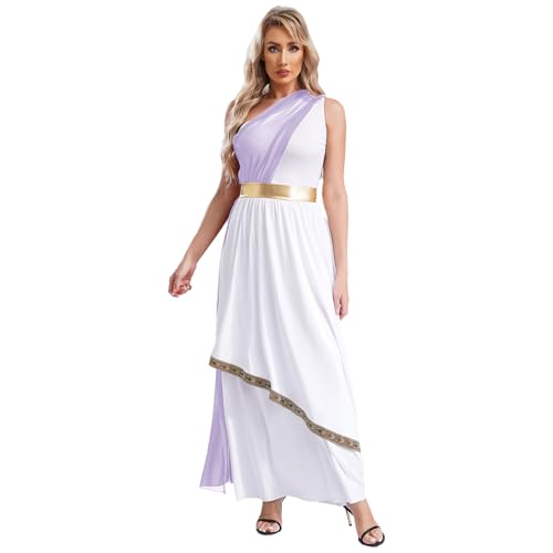 dPois Damen Römische Göttin Kostüm Cleopatra Kleid Lange Ein-Schulter Maxikleid Mottoparty Halloween Fasching Kostüm Lavendel S von dPois