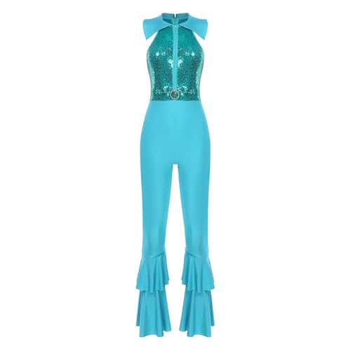 dPois Damen Vintage Disco Kostüm Glitzer Jumpsuit Overall Ärmellos Boot Cut Bodysuit Hippe Jazz Tanz Kostüm Mottoparty Fasching Blau Grün L von dPois